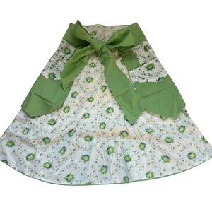 Vintage Homemade Green Floral Apron with Green Apron Strings, Pockets And Hem